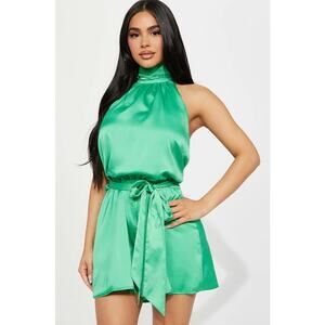 Fashion Nova Look Your Best Satin Romper Plus 2X Kelly Green Halter Playsuit
